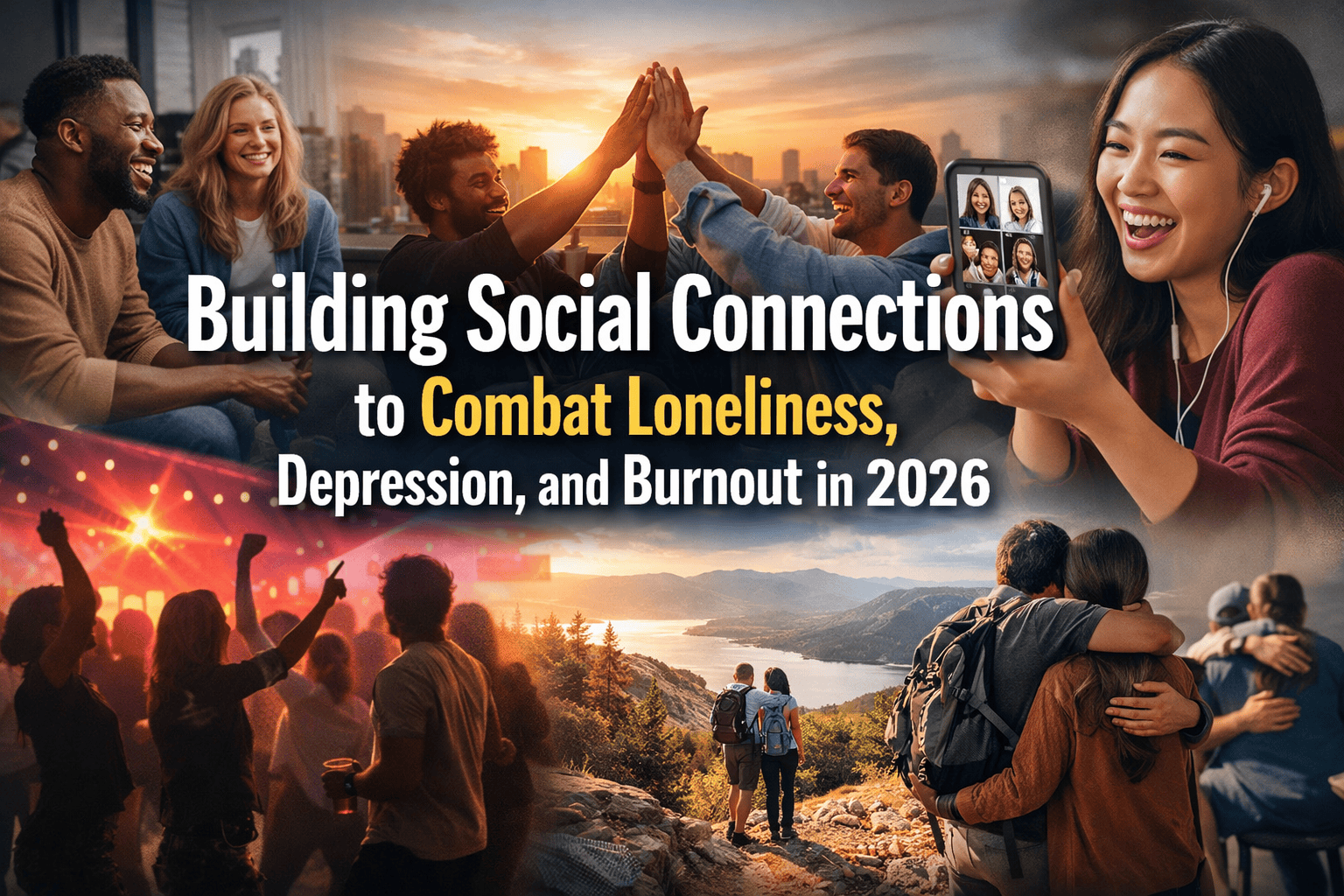 Professional landscape hero image (1536x1024) with bold text overlay: "Building Social Connections to Combat Loneliness, Depression, and Bur