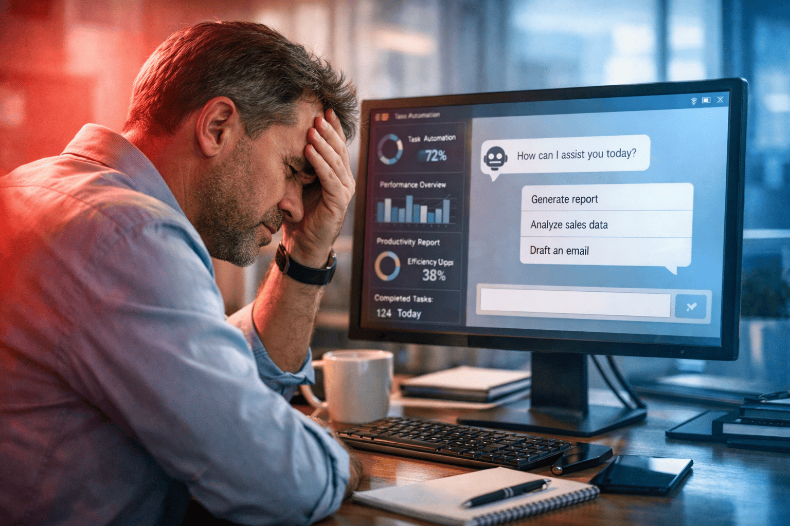 Landscape format (1536x1024) editorial image showing close-up of stressed professional at computer workstation with subtle AI chatbot interf