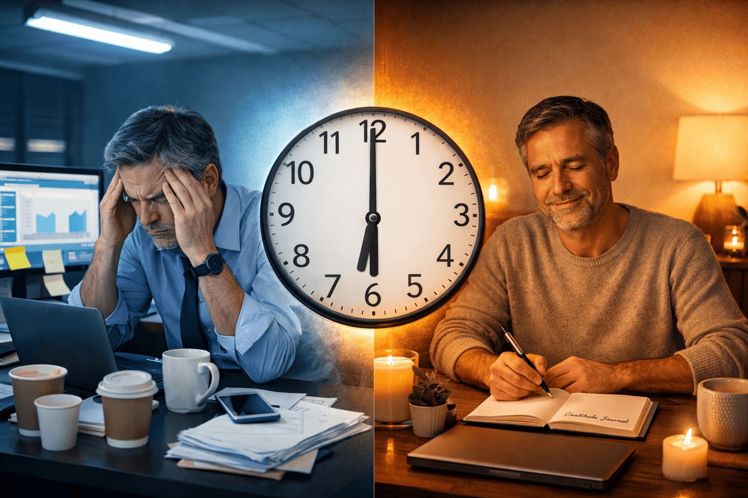Landscape format (1536x1024) editorial image showing split-screen concept: left side depicts stressed professional at cluttered desk with mu