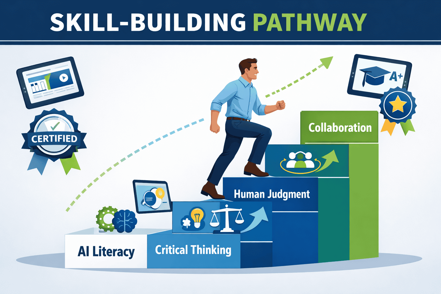 Landscape format (1536x1024) infographic-style image displaying skill-building pathway with ascending steps labeled 'AI Literacy', 'Critical