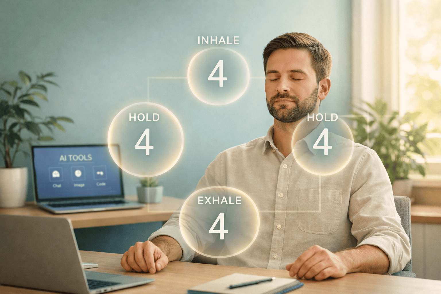 Landscape format (1536x1024) serene workplace scene showing professional practicing box breathing technique at desk, visual overlay of '4-4-