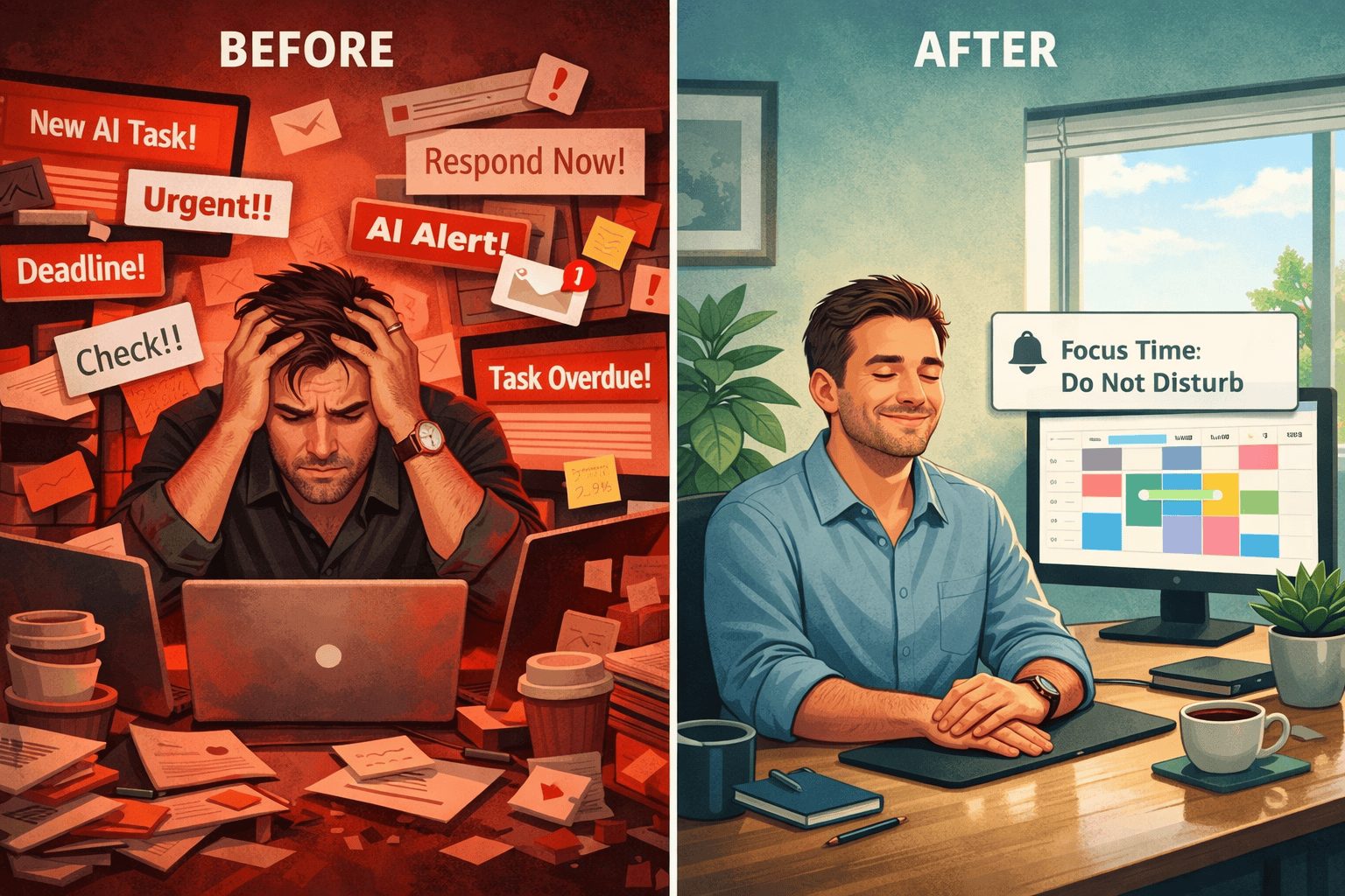 Landscape format (1536x1024) split-screen composition showing 'before and after' boundary-setting, left side depicts overwhelmed worker surr