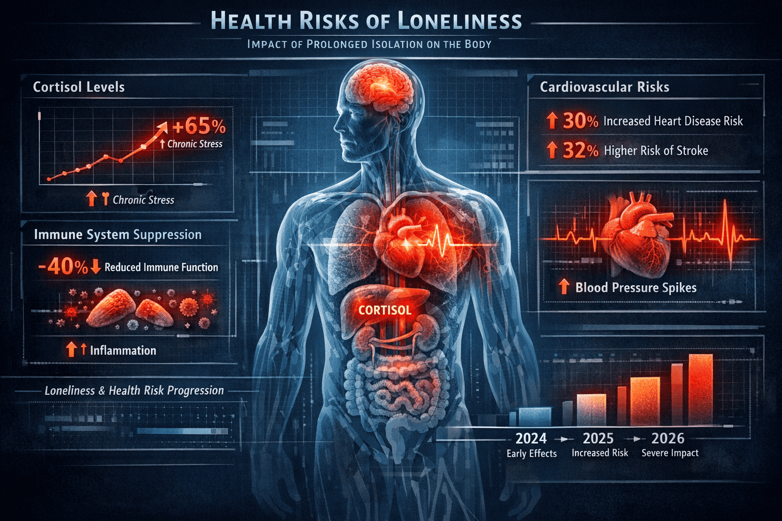 Health Risks of Loneliness section: Dramatic medical infographic displaying human body with transparent overlay showing physiological stress