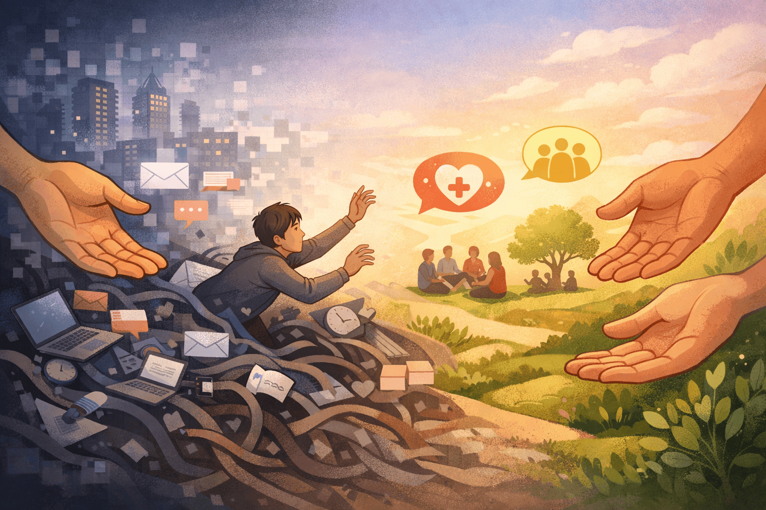 Building Social Connections When Burned Out section: Conceptual illustration of a human figure emerging from a complex, tangled landscape of