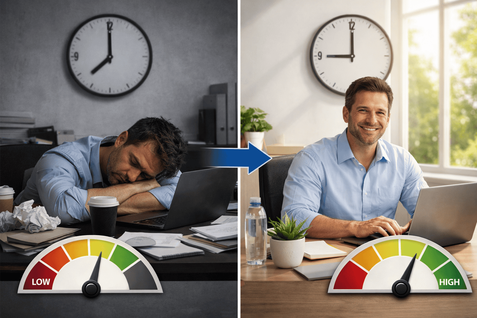 Landscape format (1536x1024) editorial image showing split-screen comparison: left side displays exhausted professional slumped at desk with
