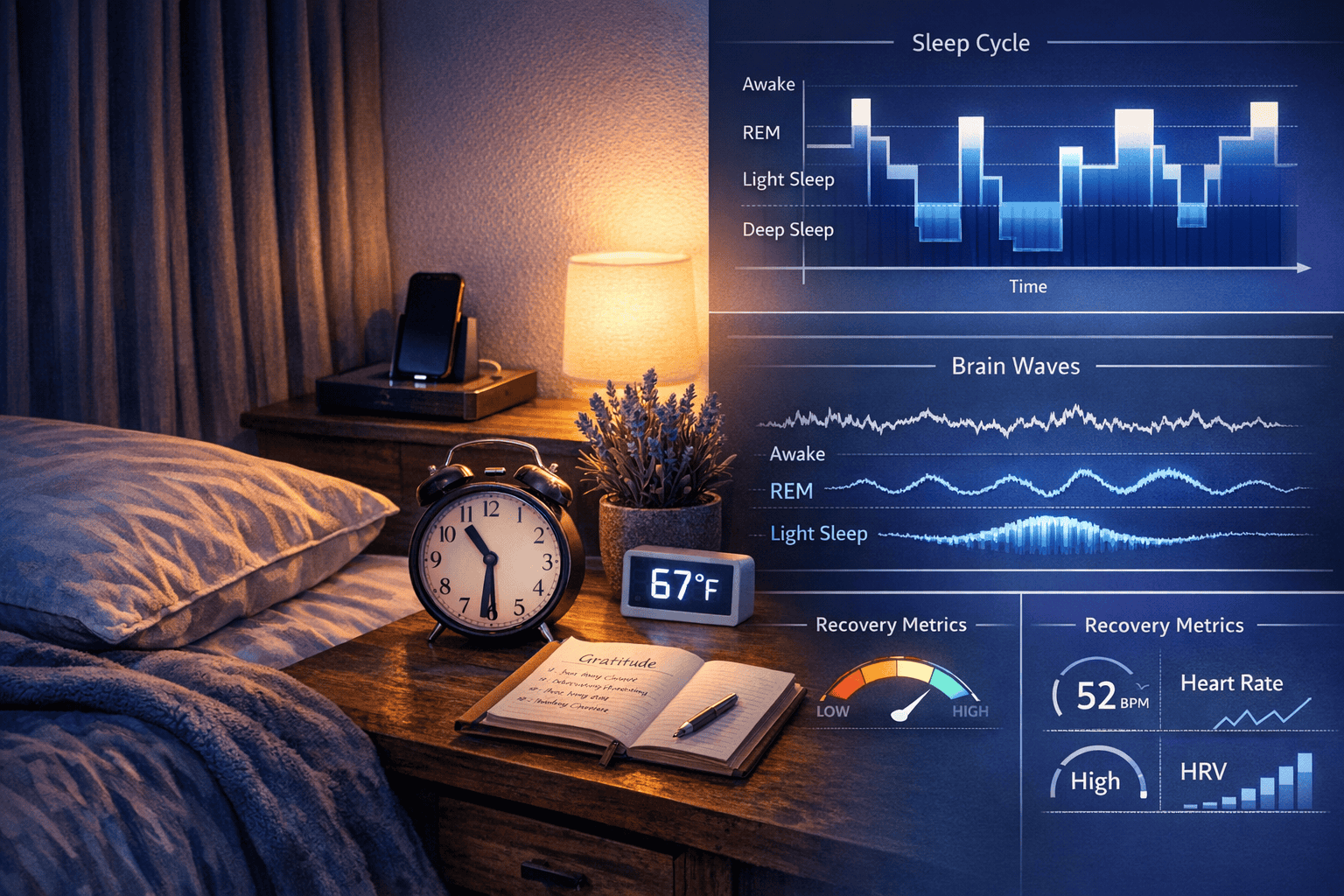 Landscape format (1536x1024) sleep optimization bedroom scene showing ideal sleep environment: blackout curtains, cool-toned lighting at 270